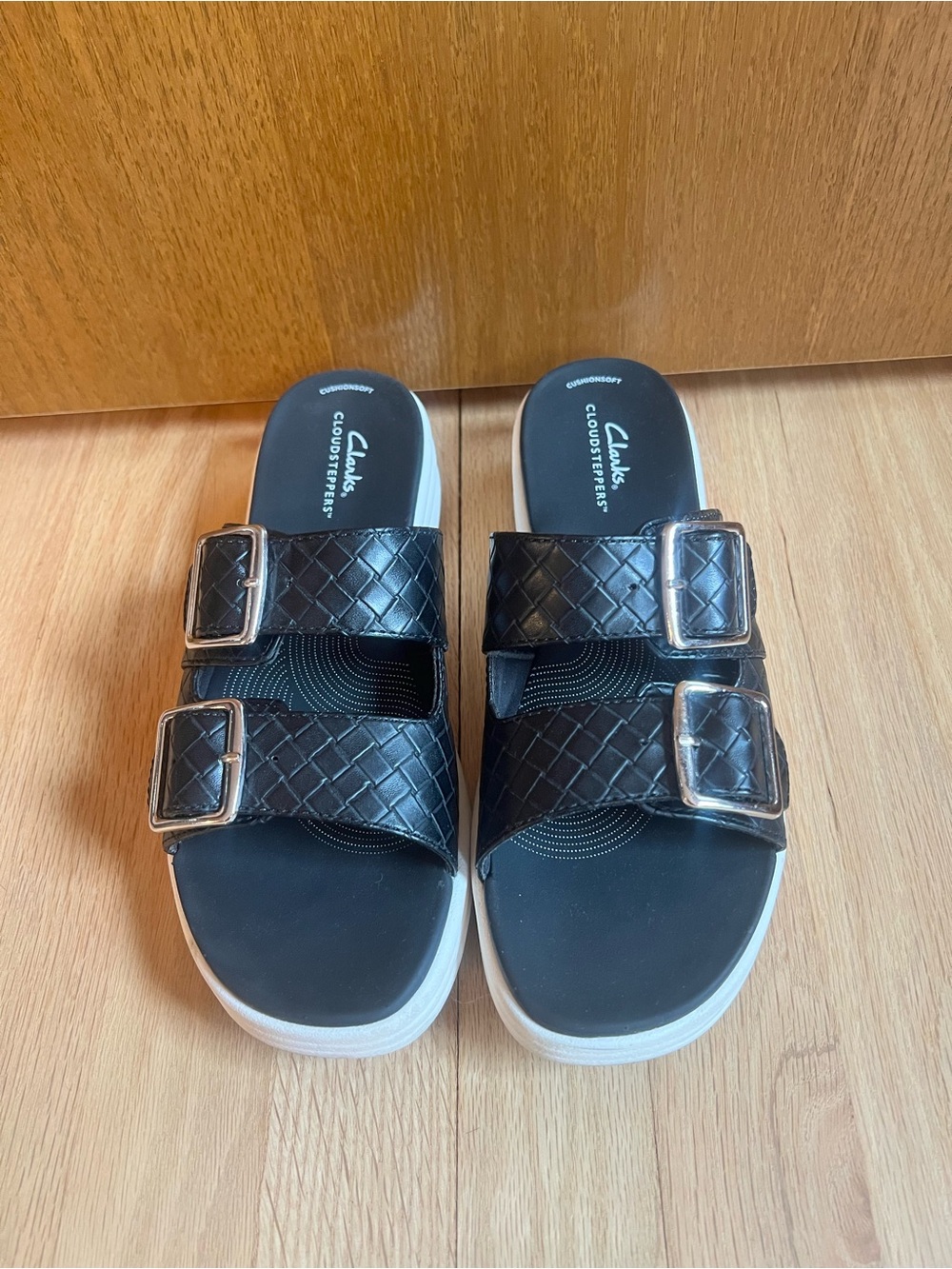 Clarks Cloud Steppers Woven Double-Buckle Slide Sandals